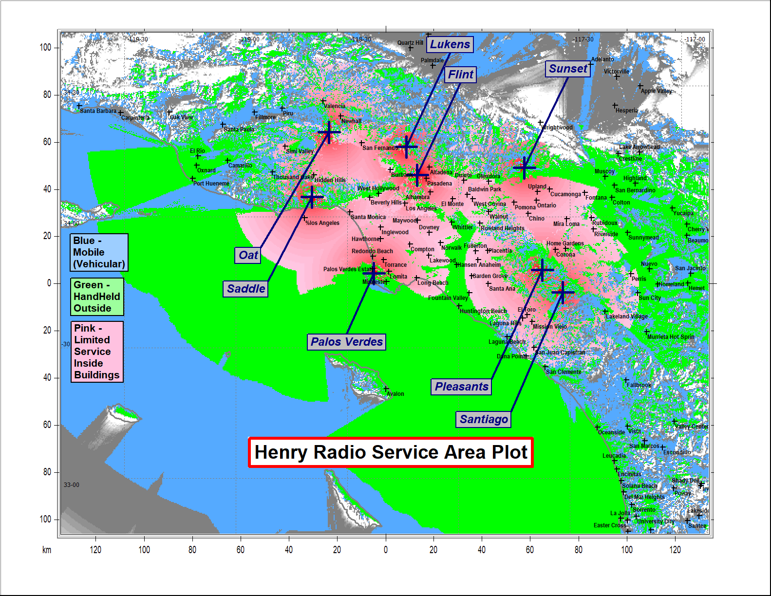 Trunking Map of radio repeater service for Los Angeles and Orange County